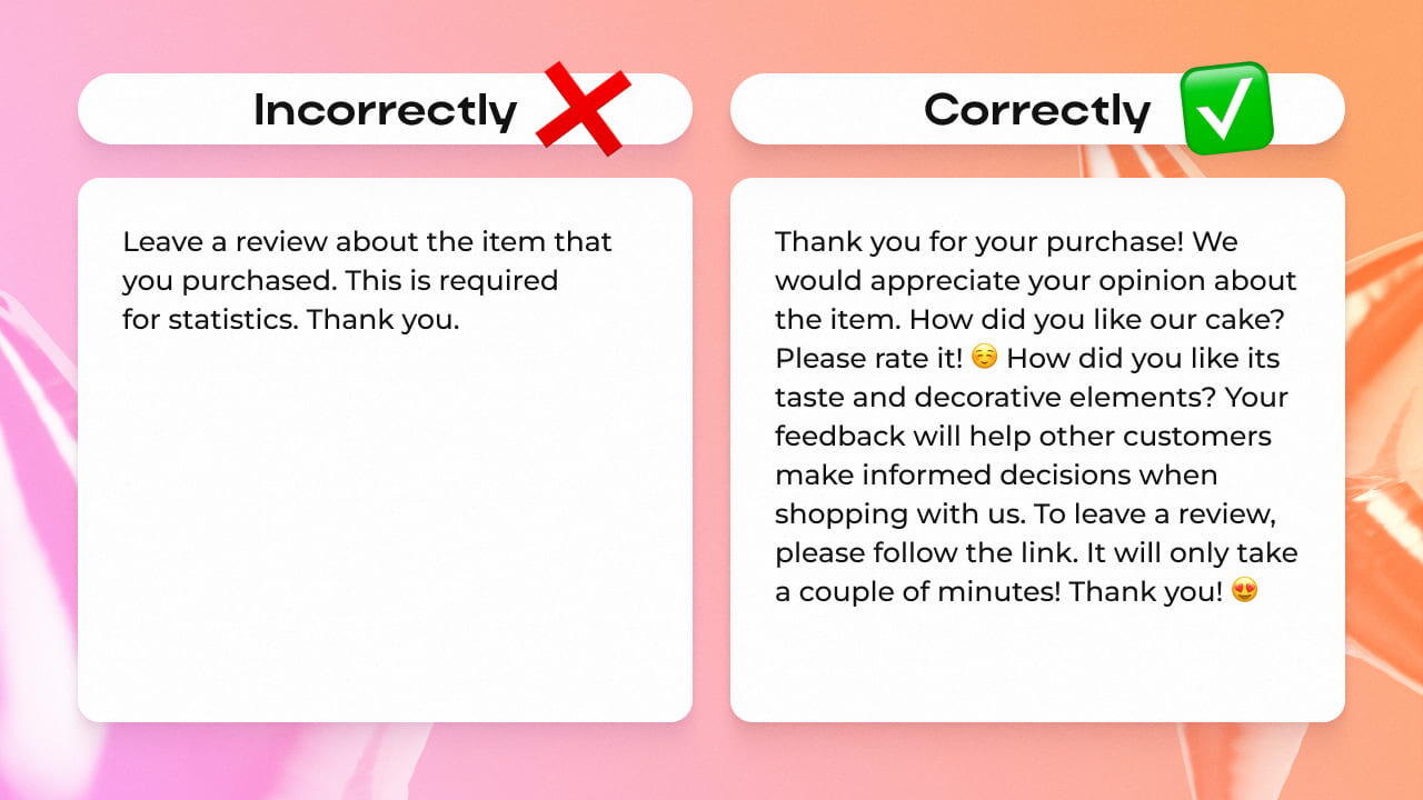 Bad example and good example how to motivate customers to leave reviews