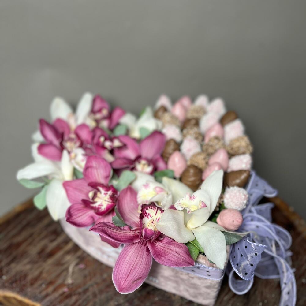 Flowers in a box + chocolate-covered strawberries