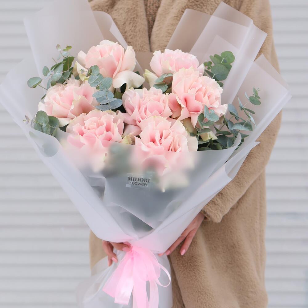 Букет французских розовых роз с эвкалиптом 7 🌸Для мамы в День матери