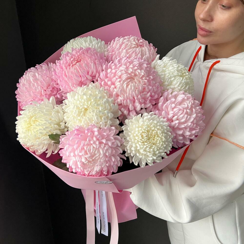 Большой букет с бело-розовой хризантемой Милкшейк💞