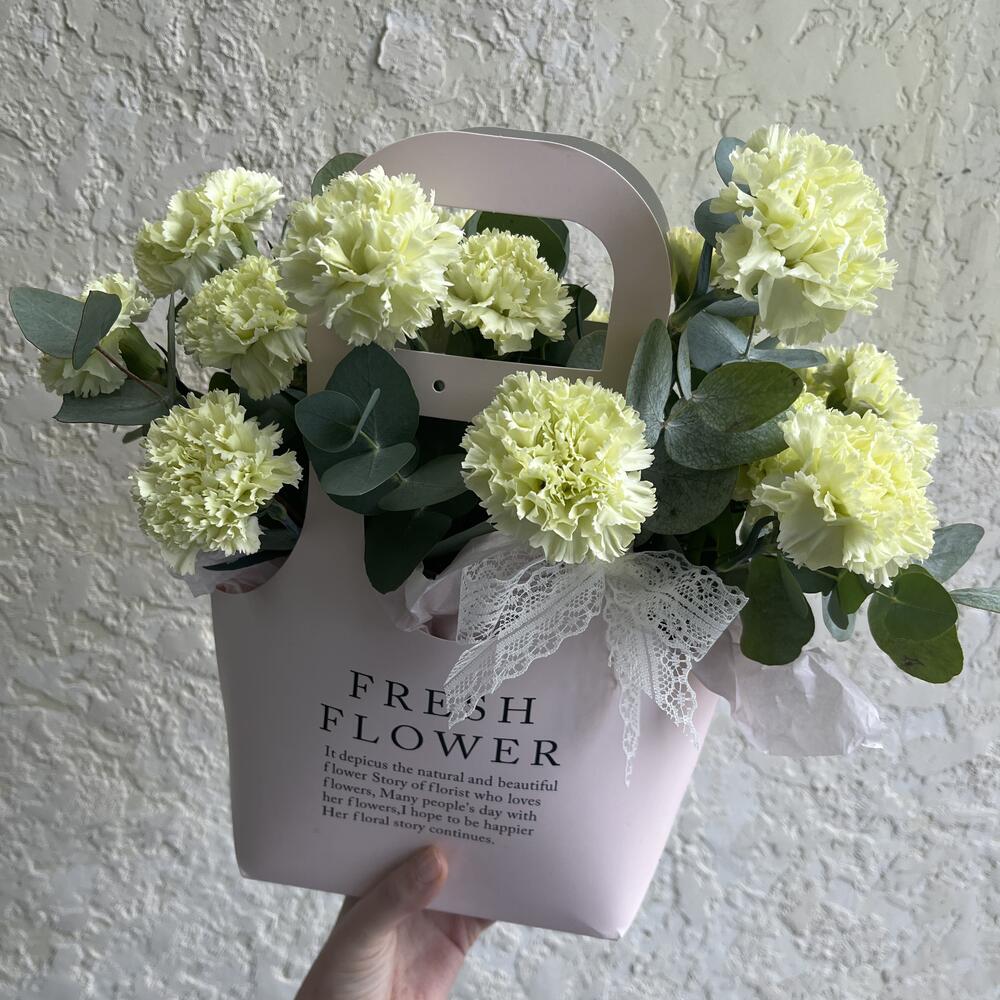 Стойкие , нежные салатовые диантусы с ароматным эвкалиптом в сумочке «Fresh flower»