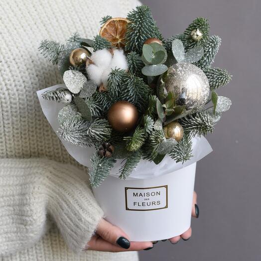 Зимняя композиция в коробке «Карамель» с датской елью | Букет 262 Bottega dei Fiori