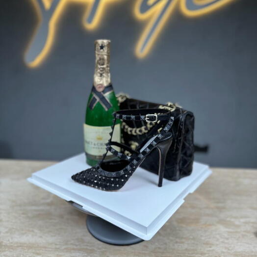 Chanel Black Classic Handbag with Valentino shoes and Champagne cake