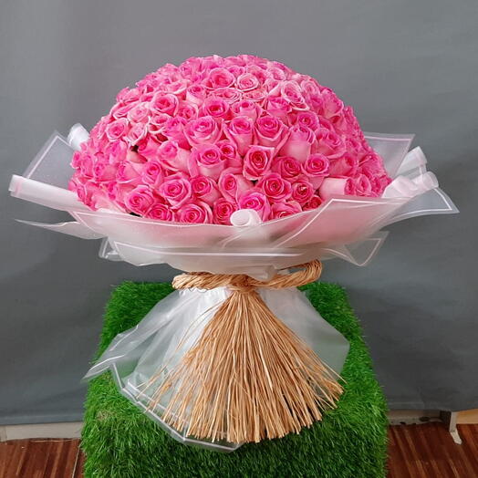 Revived Rose Cascade: Hand-Crafted Bouquet of 100 Pink Roses