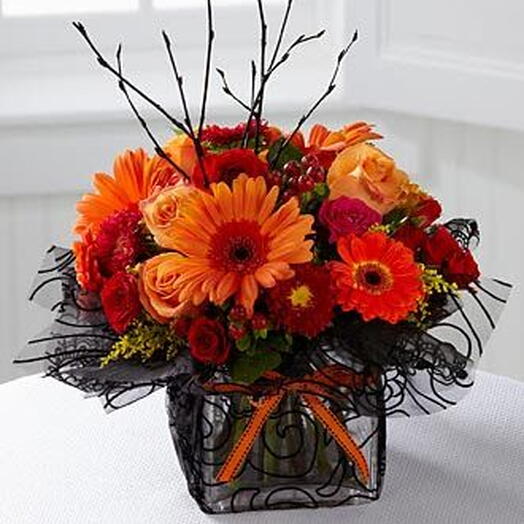 Halloween Vibrant Gerbera   Orange Rose Square Vase Arrangement