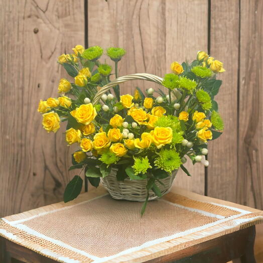 Sunny Basket: Classic Basket Arrangement with Yellow Roses, Green Chrysanthemums   Hypericum