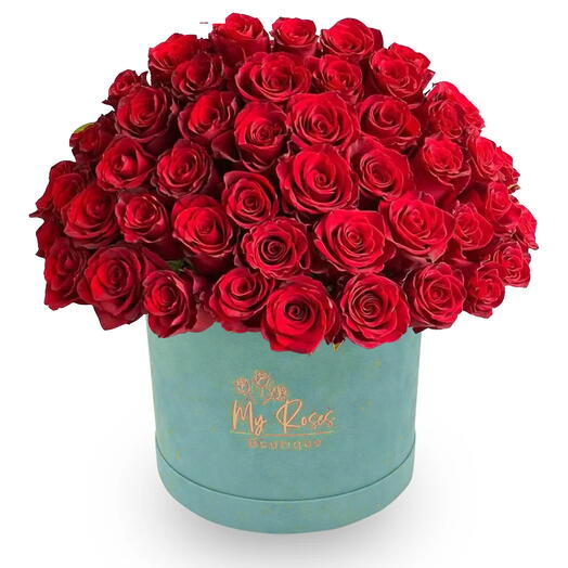 Blue Velvet Box With 50 Red Roses