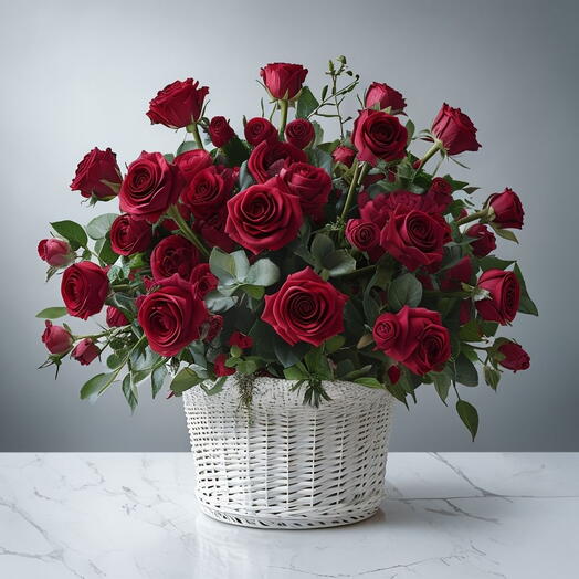 Valentines Day Red Roses and Baby Roses Basket