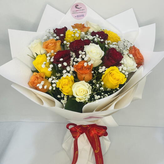 Summer Breeze: Elegant Mix of Yellow, Red, Orange, and White Roses