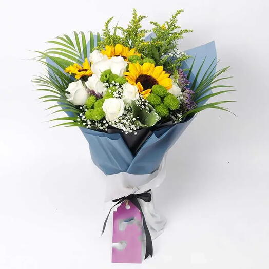 Charisma Bouquet: Sunflowers, White Roses, Green Button Chrysanthemums, Solidaster | Ribbon Bow Wrap