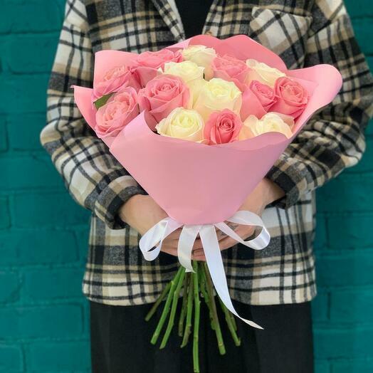 Bouquet of 15 Pink and White Roses