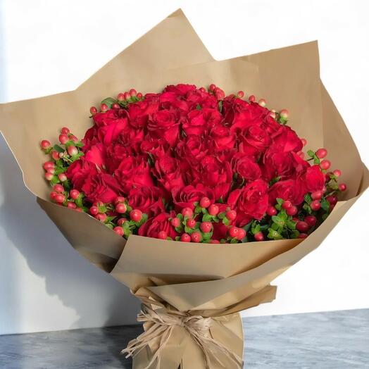 Crimson Charm – 40 Red Roses with Hypericum Berries Bouquet