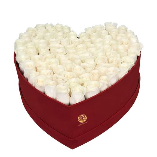 Bubble Heart - 65  White Roses in Red Heart Box