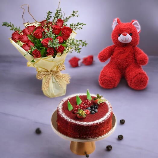 Bouquet of 20 Red Roses, 25cm Red Teddy Bear, and Half KG Red Velvet Cream Cake | Perfect Gift Combo