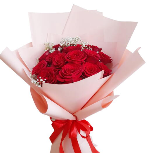 Red Roses with Pink Wrapping - Romantic Flower Bouquet