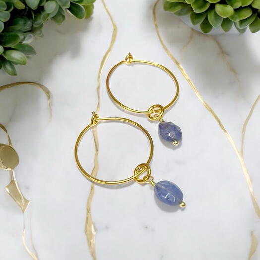 Tanzanite gold hoop earrings