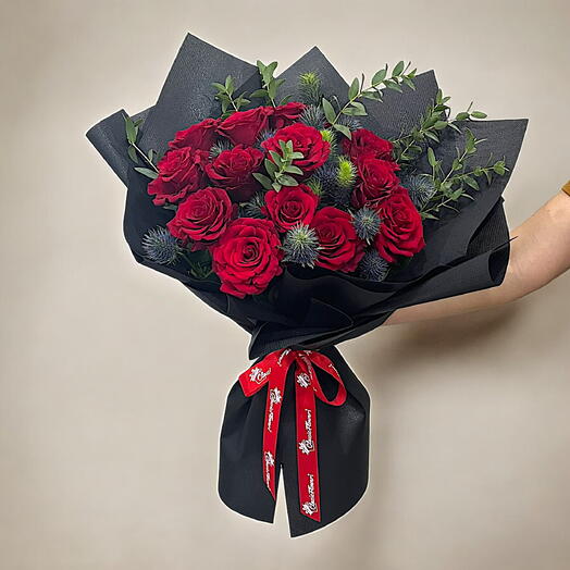 Passionate Charm: Red Roses with Eryngium and Eucalyptus