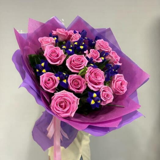 Pink Roses And Purple Irises