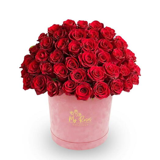 Pink Velvet Box With 50 Red Roses