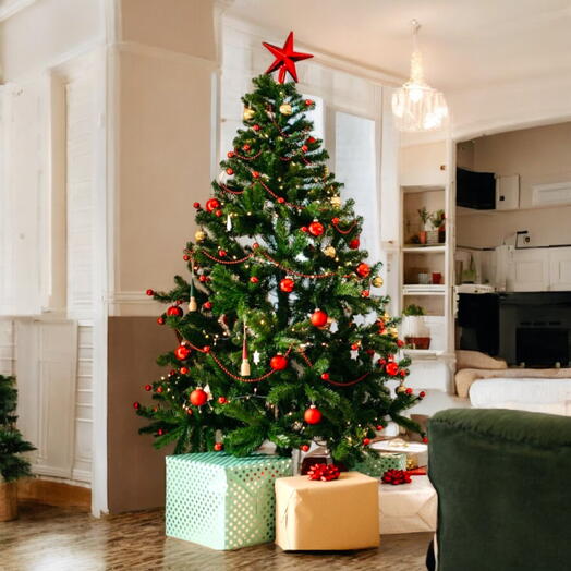 Artificial Christmas Tree with Red Decorations 210cm