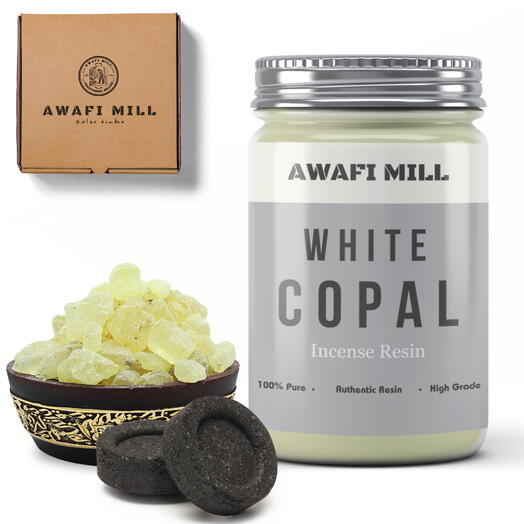 AWAFI MILL White Copal Resin | Charcoal Tablet - Bottle of 100 Gram with 20 Charcoal Piece