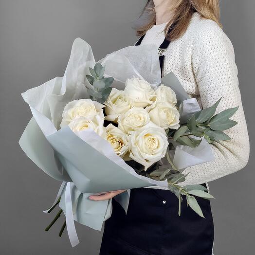 Bouquet of white rose and eucalyptus