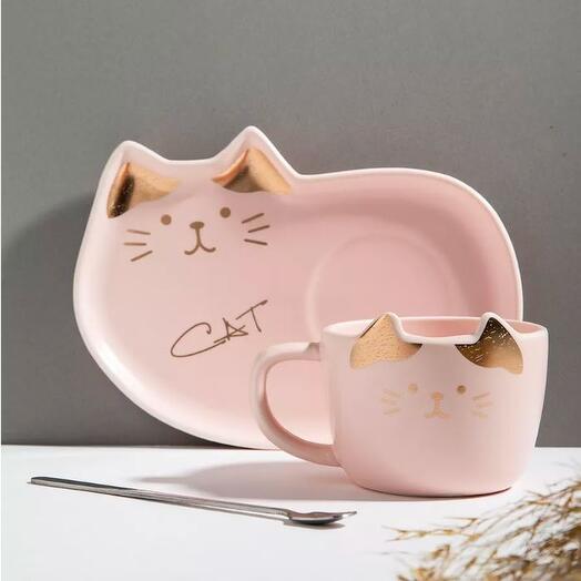 Чайная пара с ложкой Киса керамика розовая 250 мл