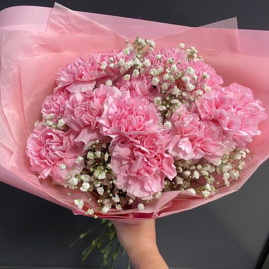 Bouquet of pink carnations and gypsophila