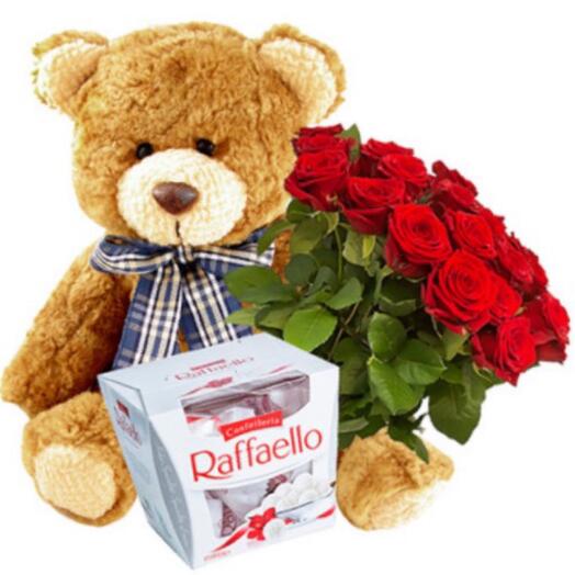 Combo of flower,teddy bear and chocolate