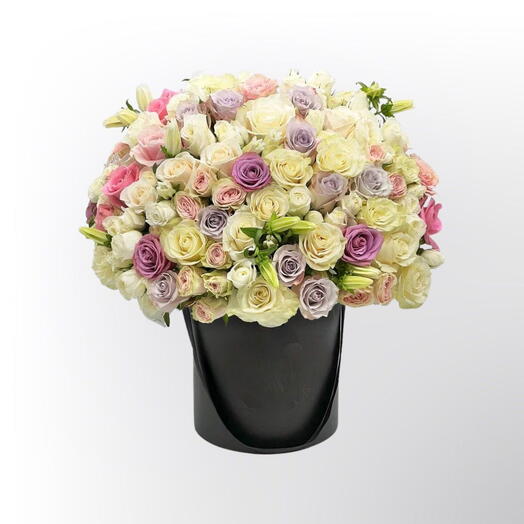 Mystic Melody: Purple, Pink, and White Roses Dancing with White Lilies in a Graceful Box -1