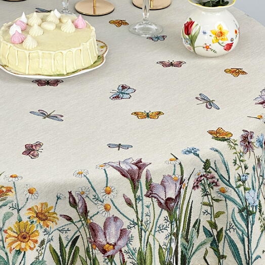 Mantel de Gobelino/Jacquard, Redondo 165 cm, Flores con Mariposas