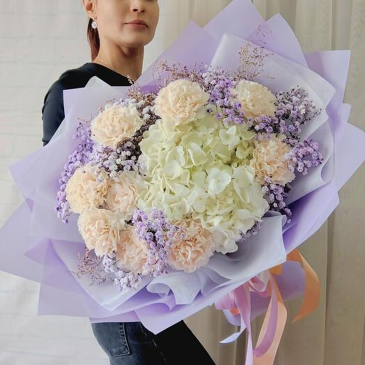 💜Bouquet magic💜. Букет с белыми Гортензиями, Диантусами, сиреневой гипсофилой и лимониумом