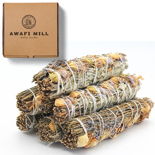 AWAFI MILL White Sage Smudge Stick with Flowers Bundle - Pack of 6 Sticks