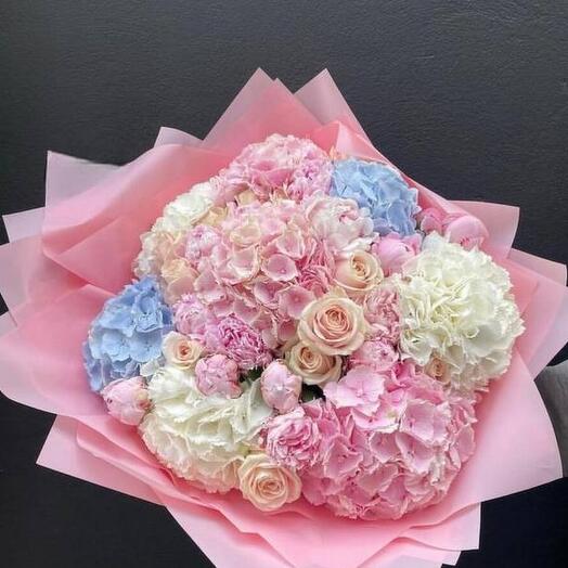 Bouquet of beige roses,pink peonies, assorted hydrangeas