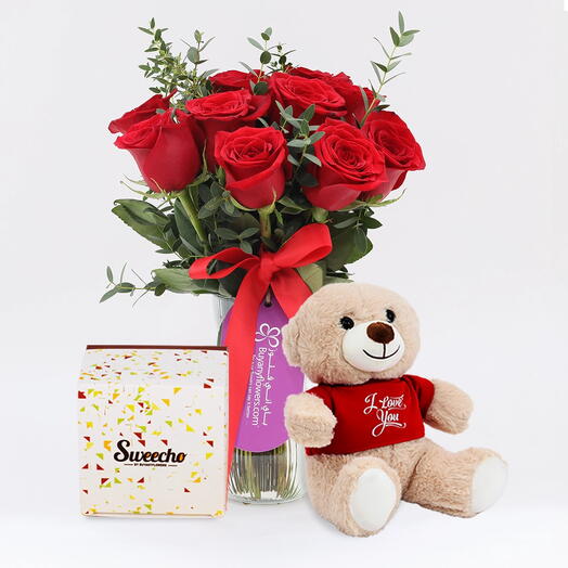 Beauty 11 Red Roses Vase with Teddy and Chocolate