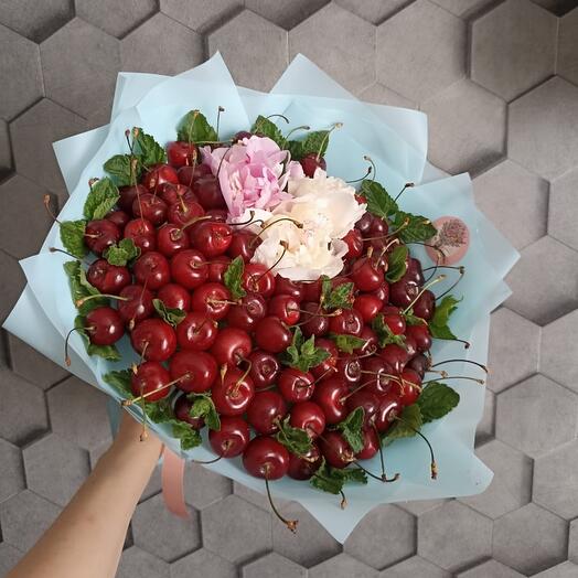 Bouquet of cherries with peonies
