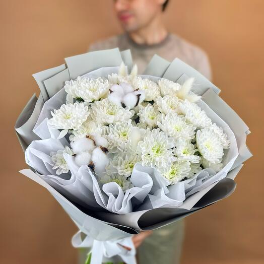 Нежный теплый букет с Хризантемой и Хлопком