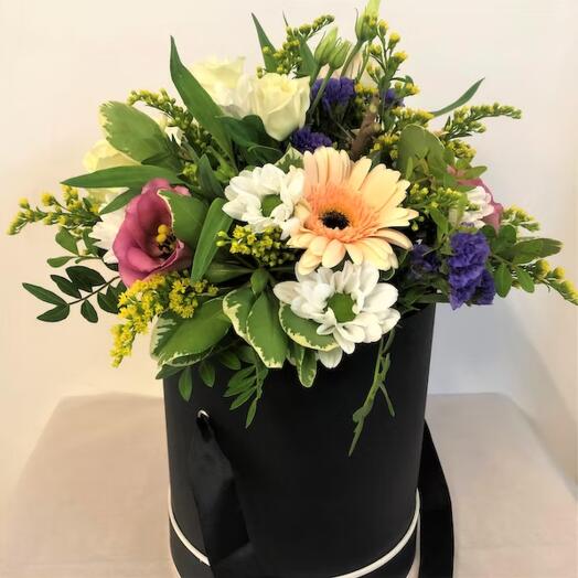 Mixed flowers in a hat box