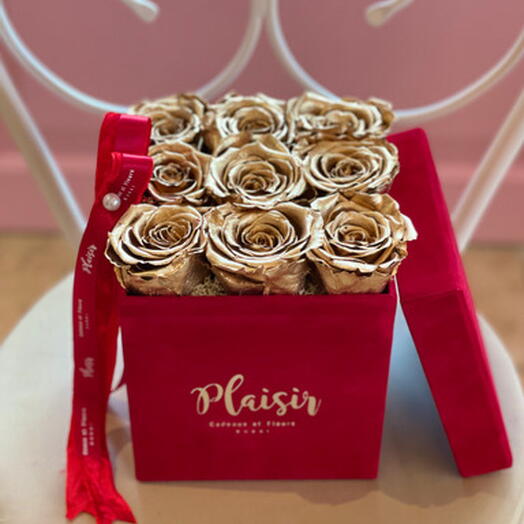 Nine Gold Preserved Roses in Red Box