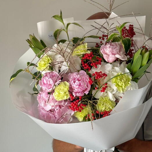 Bouquet with peony, hydrangea and weigela