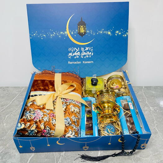 Ramadan Kareem Gift Basket with Prayer Mat, Nuts, Dates and Bakhor