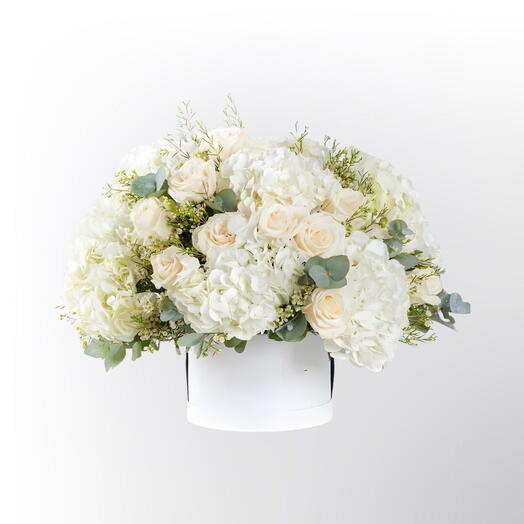 Frosty Serenity: White Rose and Hydrangea Harmony in a Charming Box-1