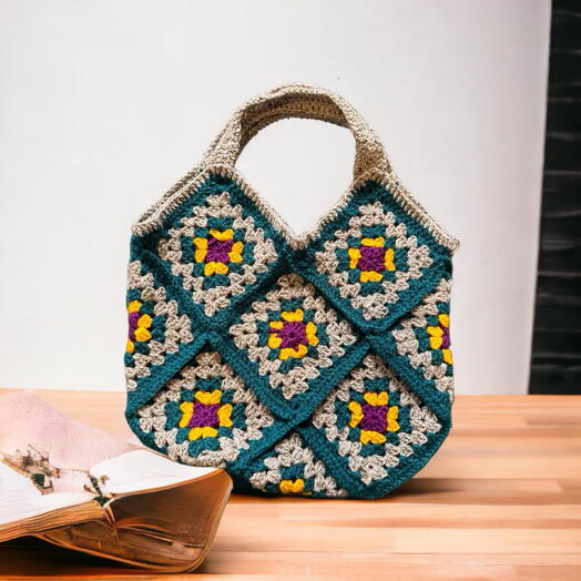 Aqua and sand crocheted bag
