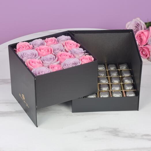Purple and Pink Roses in Box with Chocolates