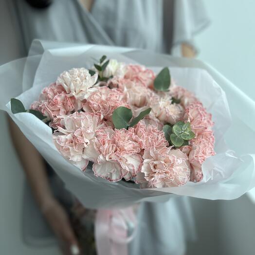 15 pink carnations with eucalyptus (bouquet N 26)