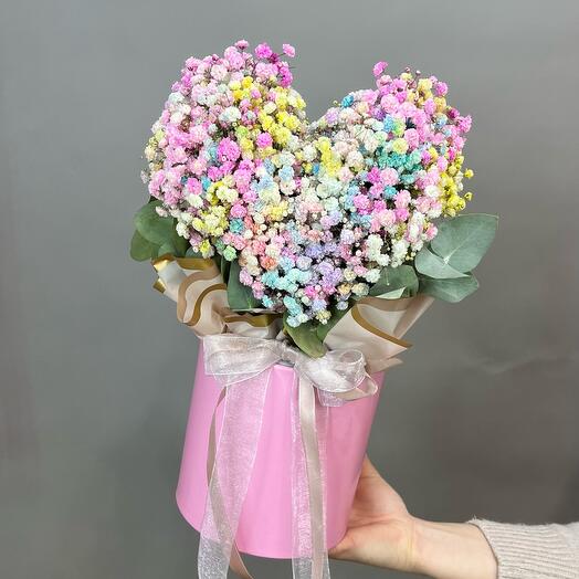 Rainbow Gypsophila heart in a box