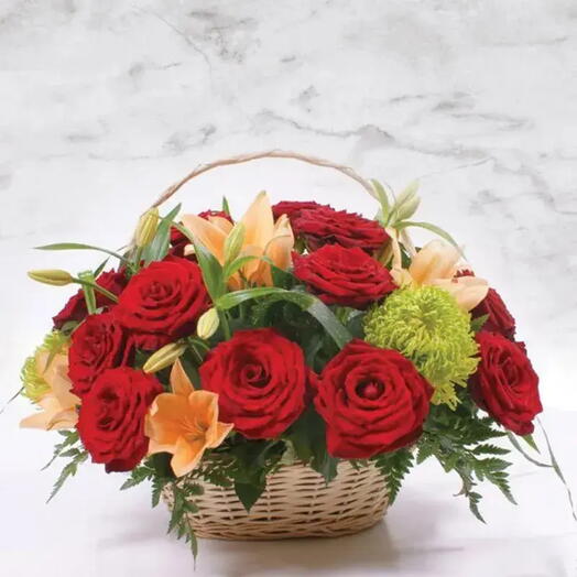 Basket of Love: 15 Red Roses, 3 Orange Asiatic Lilies, Green Delistar in Handle Basket