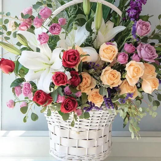 Fairy Spirit Basket: Red, Peach, and Purple Spray Roses, Oriental Lilies, Matthiola