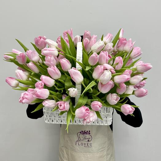 120 pink tulips in basket