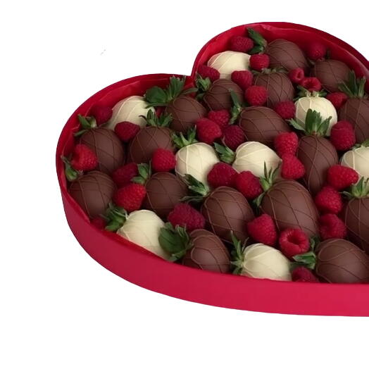 Black and white chocolate strawberries in a heart-shaped box